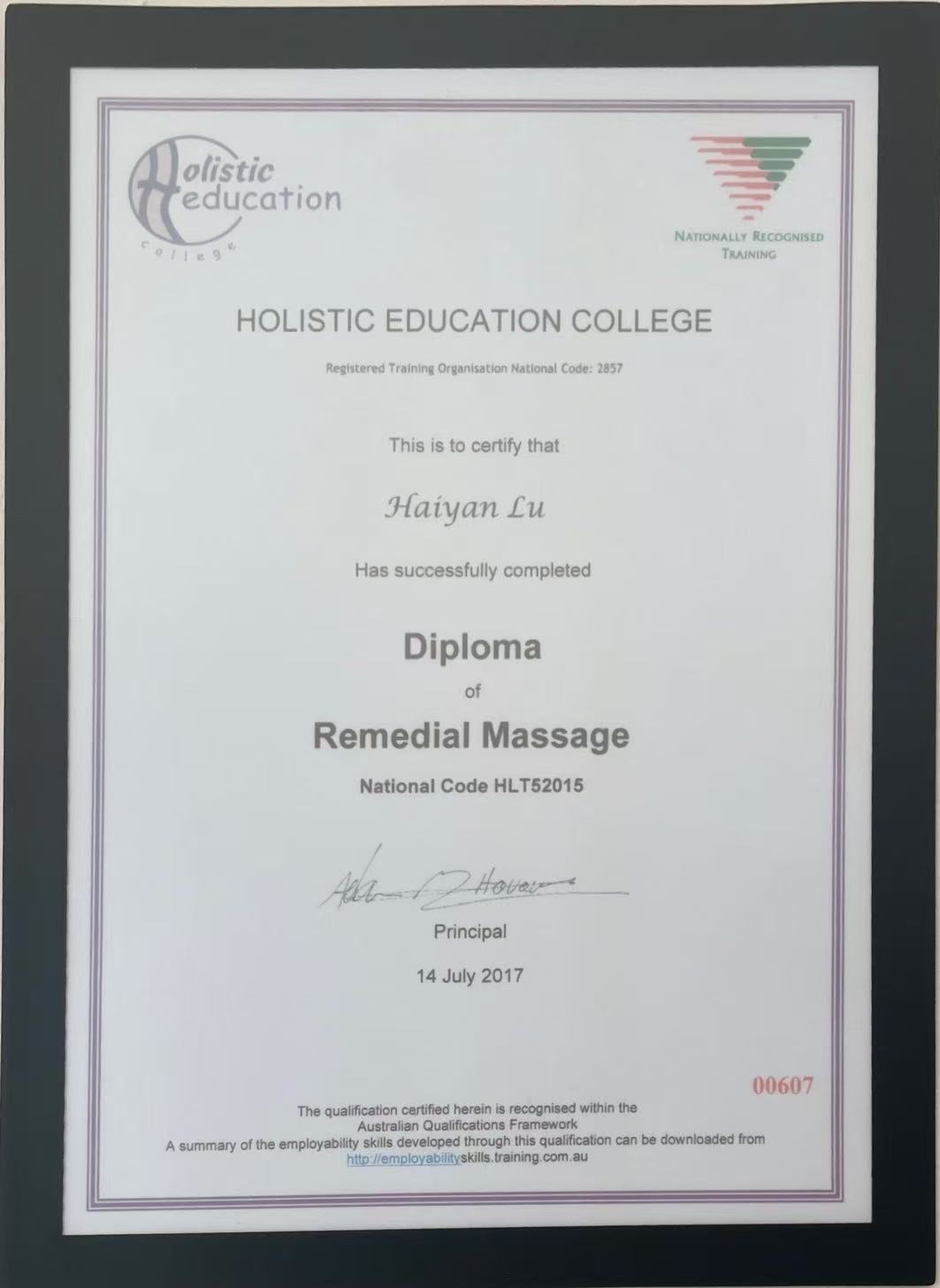 Diploma of Remedial Massage Certificate