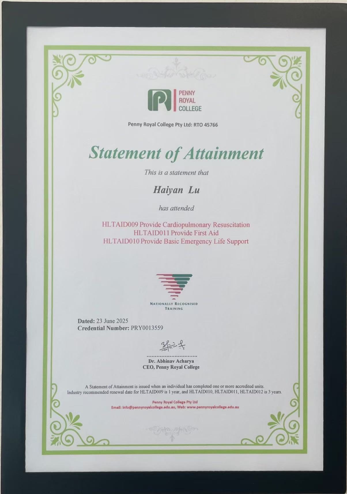 First Aid Certificate